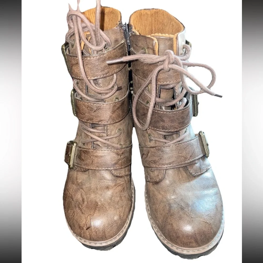 b.o.c Brown Combat Ankle Boots Buckle Zipper Lace-Up Women's Size 6.5 - Picture 7 of 9